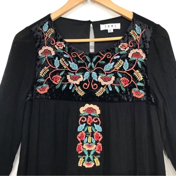 THML Black Gauze Floral Embroidered Velvet Popover Sheath Dress - Picture 2 of 14